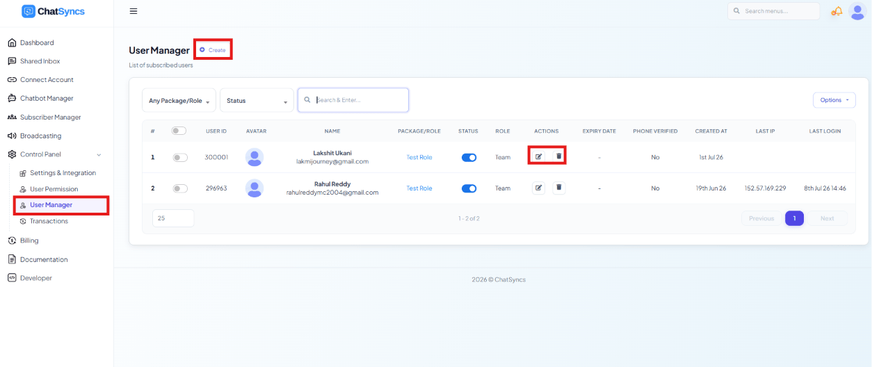 Team member list in User Manager