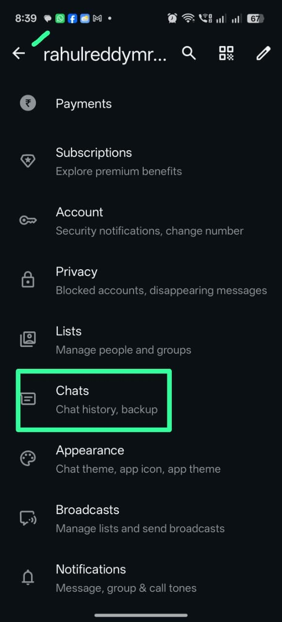 WhatsApp Settings menu with Chats highlighted