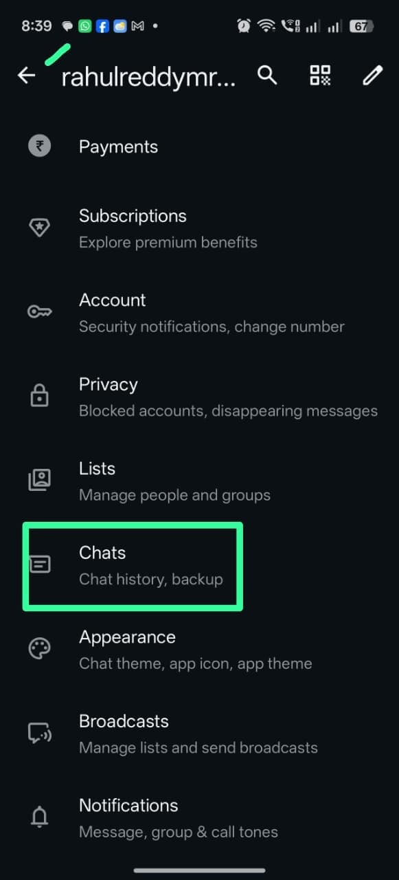 WhatsApp Settings menu with Chats highlighted