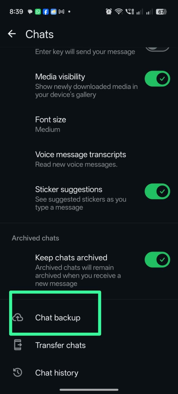 WhatsApp Chats settings screen with Chat backup highlighted