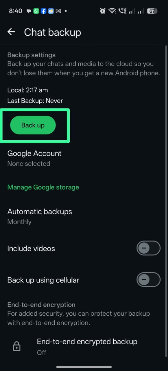 WhatsApp Chat backup screen with the Back up button highlighted