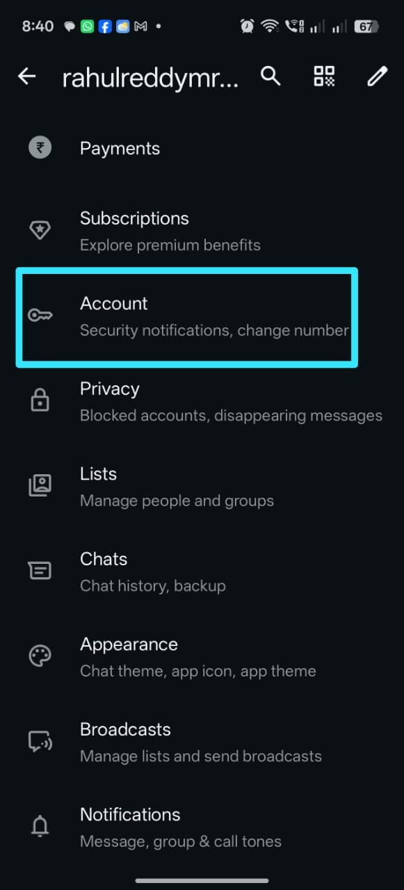 WhatsApp Settings menu with Account highlighted
