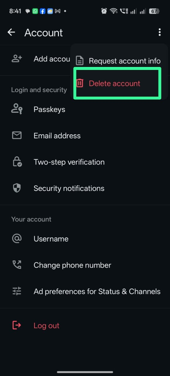 WhatsApp Account screen with the overflow menu open and Delete account highlighted