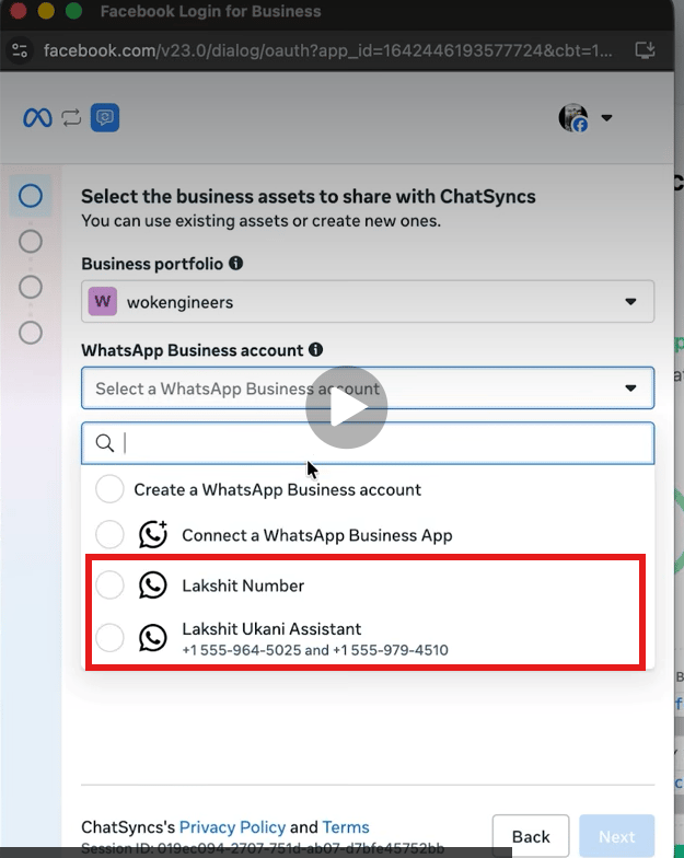 Select the business assets to share with ChatSyncs, WhatsApp Business account dropdown showing existing WABA options highlighted instead of Create a WhatsApp Business account