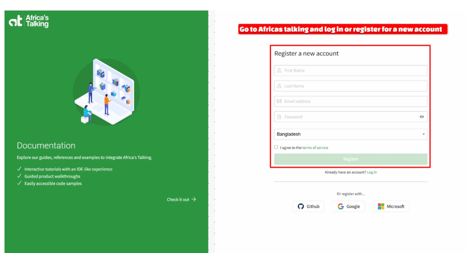 Africa's Talking Register a new account form with First Name, Last Name, Email address, Password, and Country fields