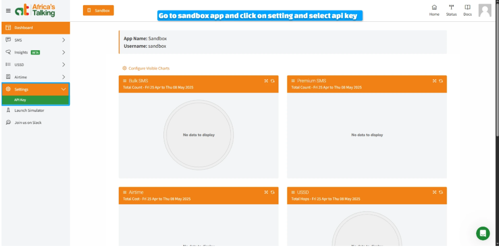 Africa's Talking Sandbox dashboard with the left sidebar Settings menu expanded and API Key highlighted
