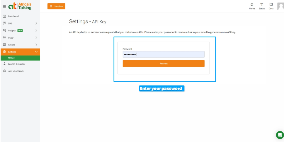 Africa's Talking API Key settings page with a Password field and a Request button