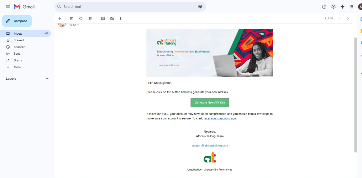 Email from Africa's Talking with a Generate New API Key button