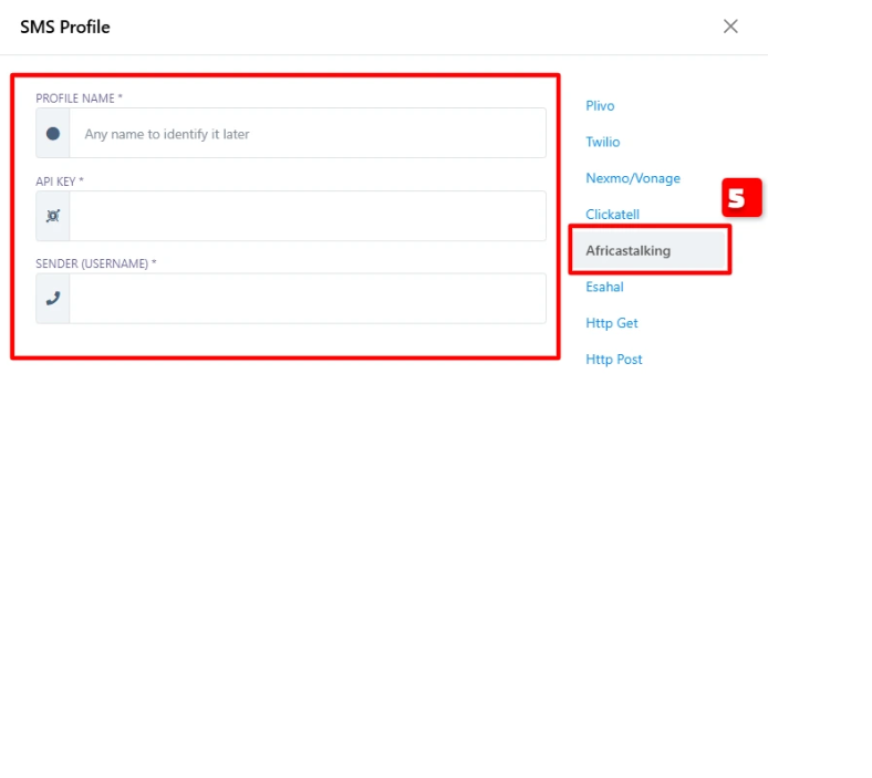 SMS Profile form with Africastalking selected in the provider list, and Profile Name, API Key, and Sender (Username) fields