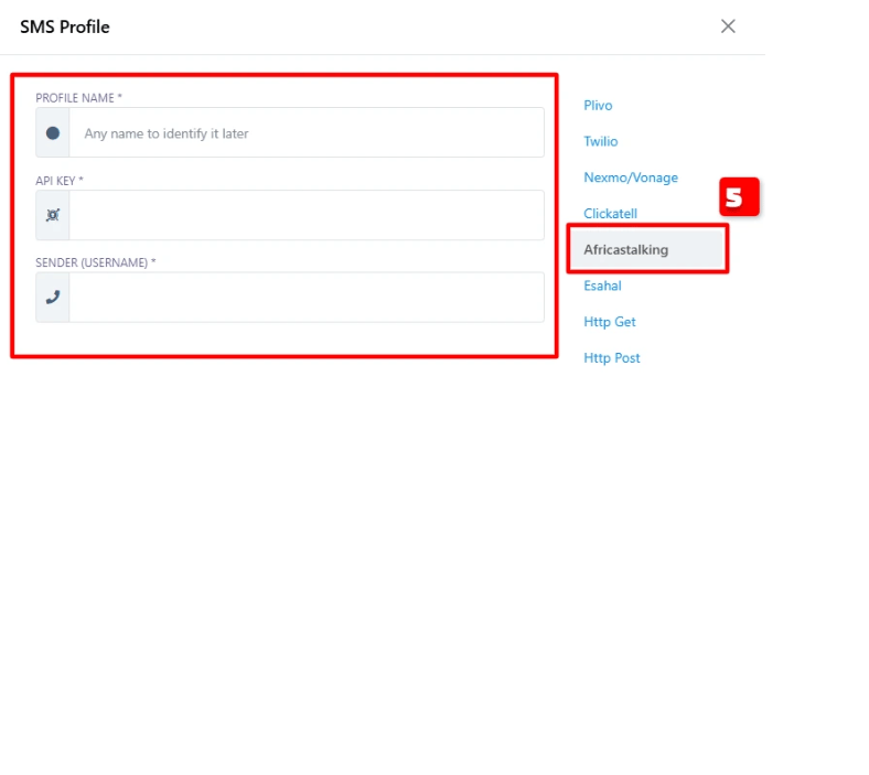 SMS Profile form with Africastalking selected in the provider list, and Profile Name, API Key, and Sender (Username) fields