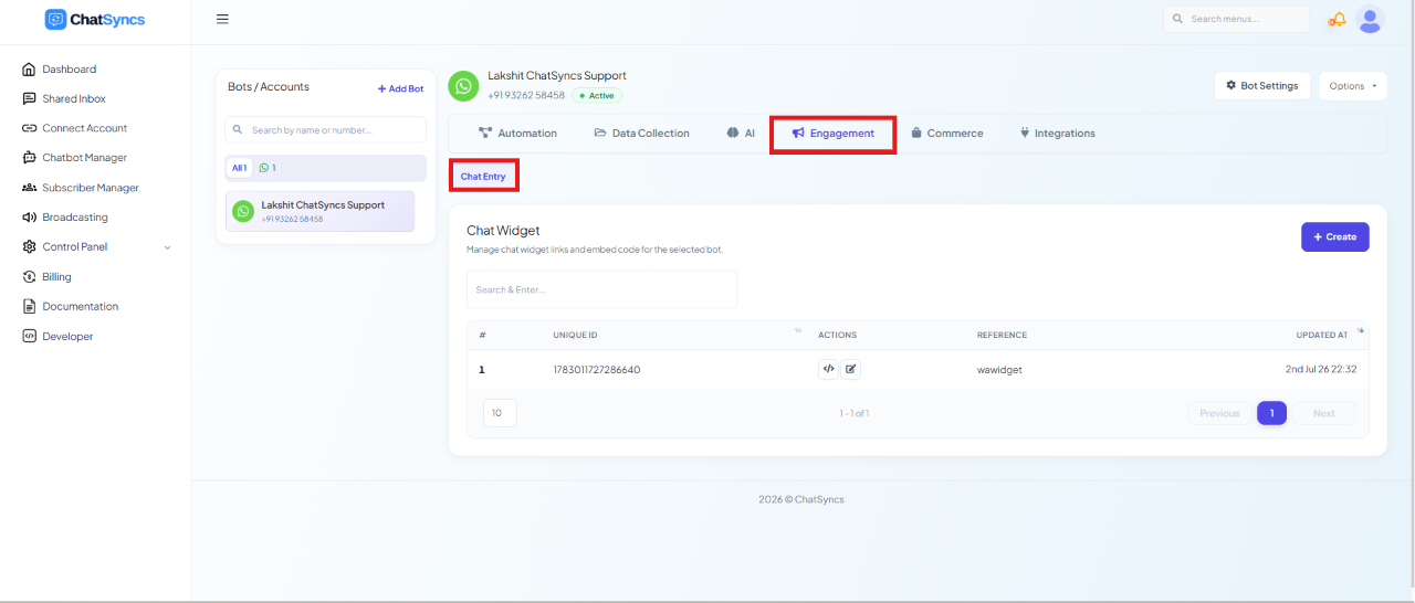 ChatSyncs left navigation with Chatbot Manager selected, the Engagement tab highlighted, the Chat Entry sub-tab highlighted, and the Chat Widget list with a Create button