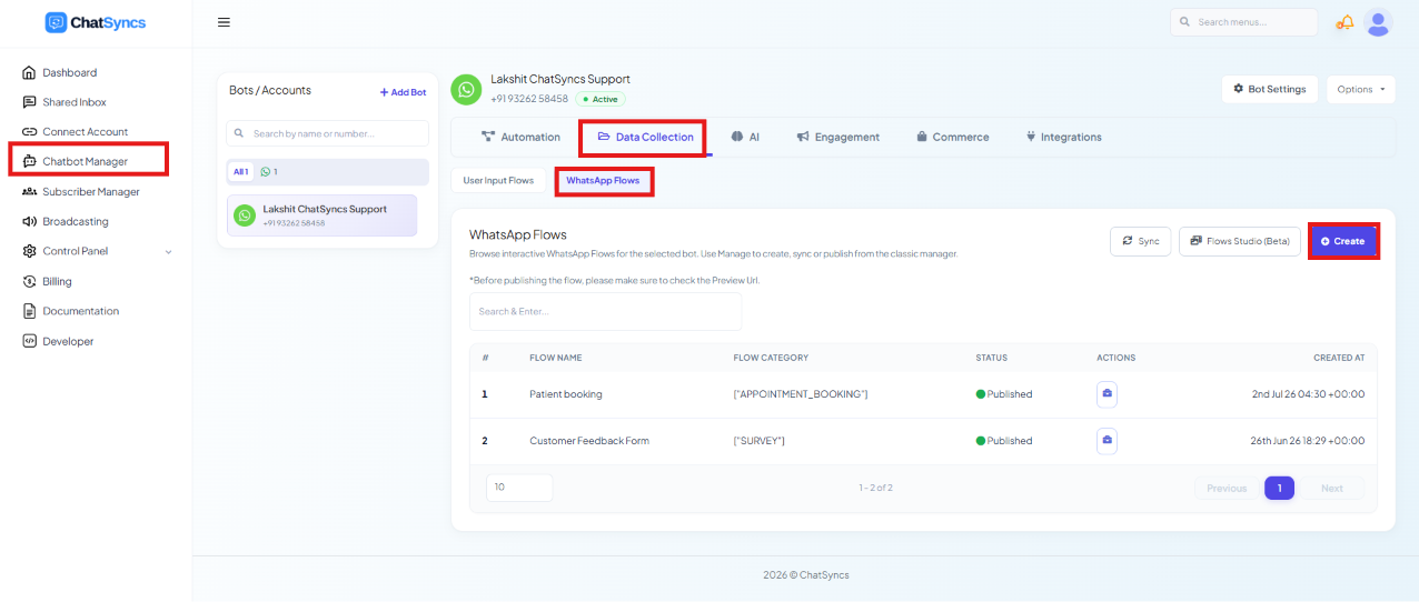 ChatSyncs left navigation with Chatbot Manager selected, the Data Collection tab highlighted, the WhatsApp Flows sub-tab highlighted, and the WhatsApp Flows list with a Create button