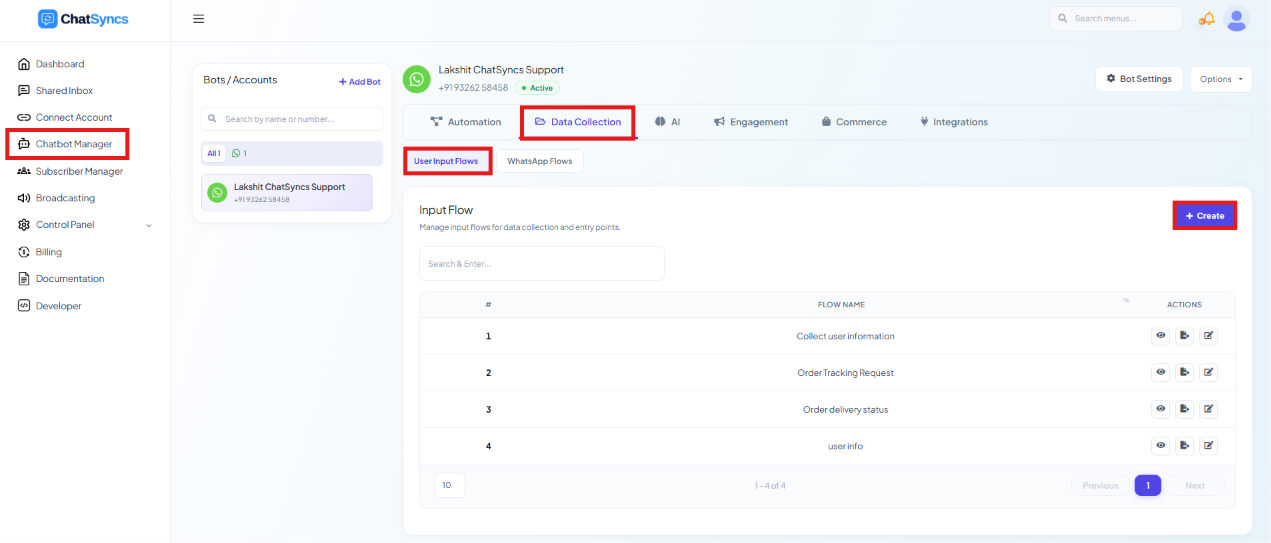 ChatSyncs left navigation with Chatbot Manager selected, the Data Collection tab highlighted, the User Input Flows sub-tab highlighted, and the Input Flow list with a Create button