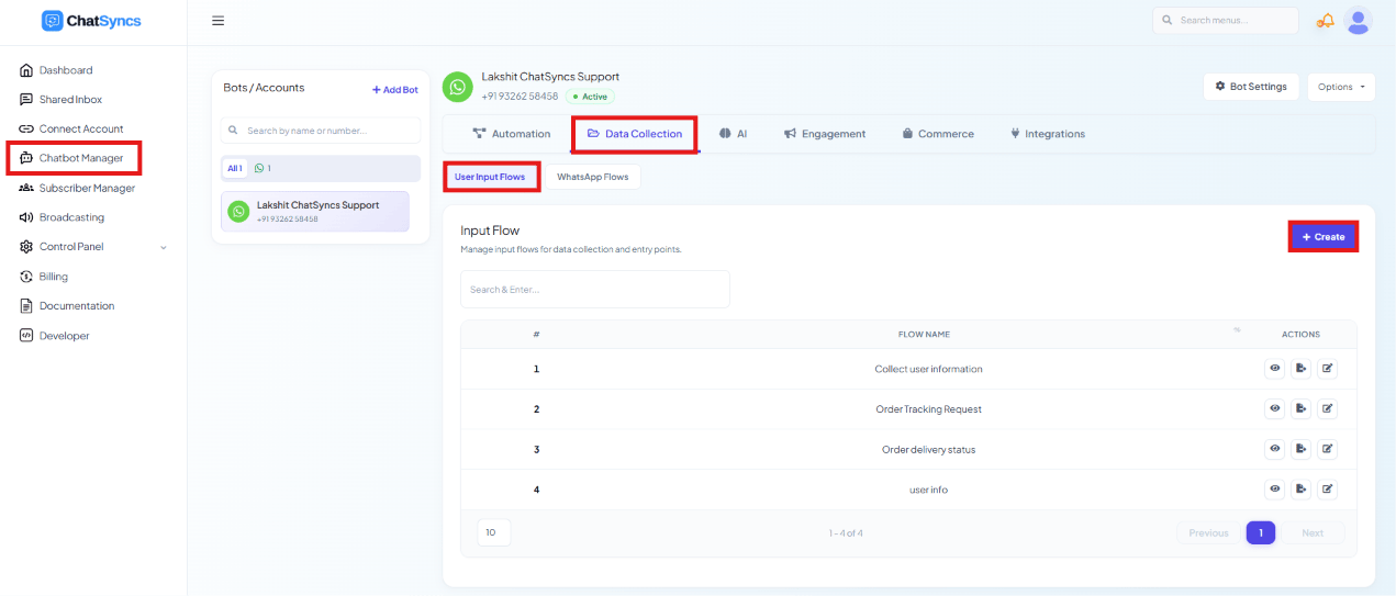 ChatSyncs left navigation with Chatbot Manager selected, the Data Collection tab highlighted, the User Input Flows sub-tab highlighted, and the Input Flow list with a Create button