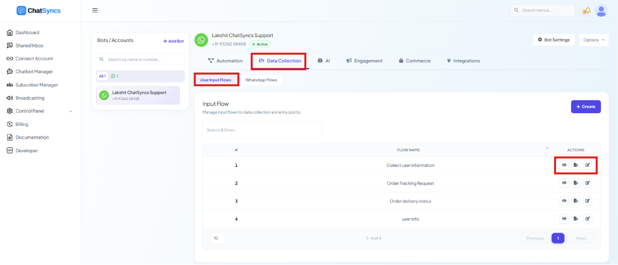 Input Flow list with View, Launch, and Edit action icons highlighted on the Collect user information row