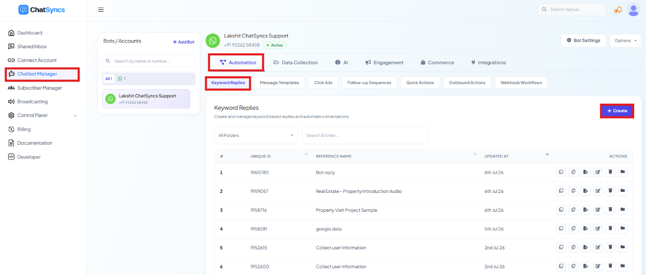 ChatSyncs left navigation with Chatbot Manager selected, the Automation tab highlighted, and the Keyword Replies sub-tab highlighted, showing a list of existing flows
