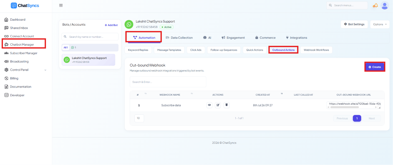 ChatSyncs left navigation with Chatbot Manager selected, the Automation tab highlighted, and the Outbound Actions sub-tab highlighted, showing an empty Out-bound Webhook list with a Create button