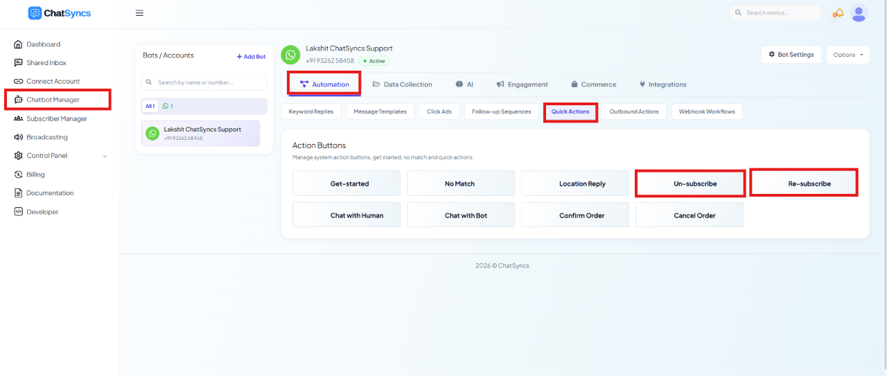 Quick Actions grid with Un-subscribe and Re-subscribe highlighted