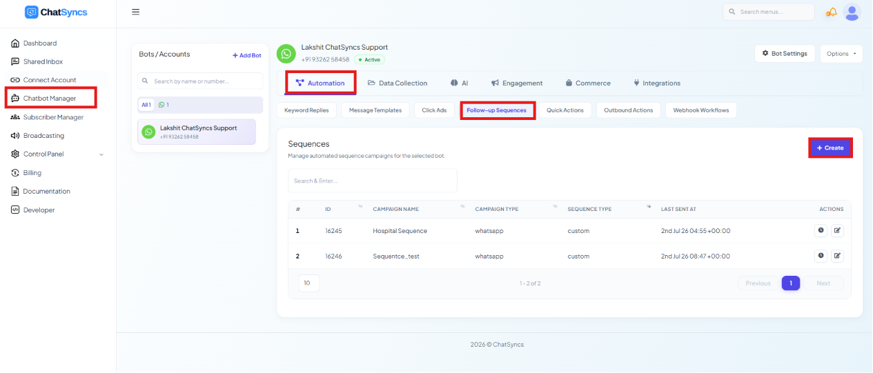 ChatSyncs left navigation with Chatbot Manager selected, the Automation tab highlighted, and the Follow-up Sequences sub-tab highlighted, showing the Sequences list with a Create button