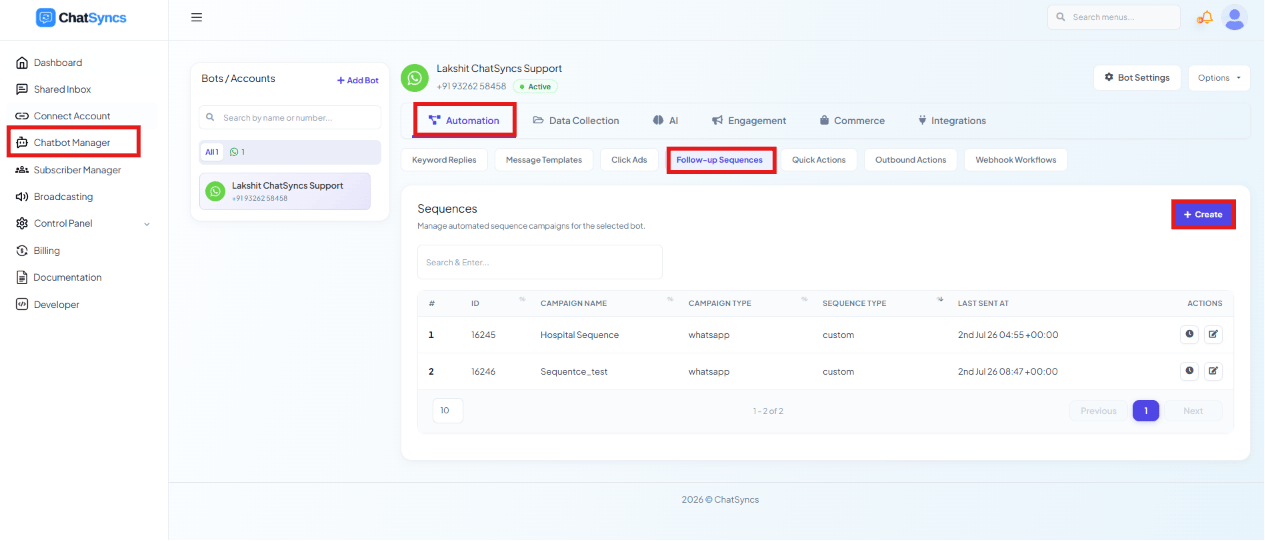 ChatSyncs left navigation with Chatbot Manager selected, the Automation tab highlighted, and the Follow-up Sequences sub-tab highlighted, showing the Sequences list with a Create button