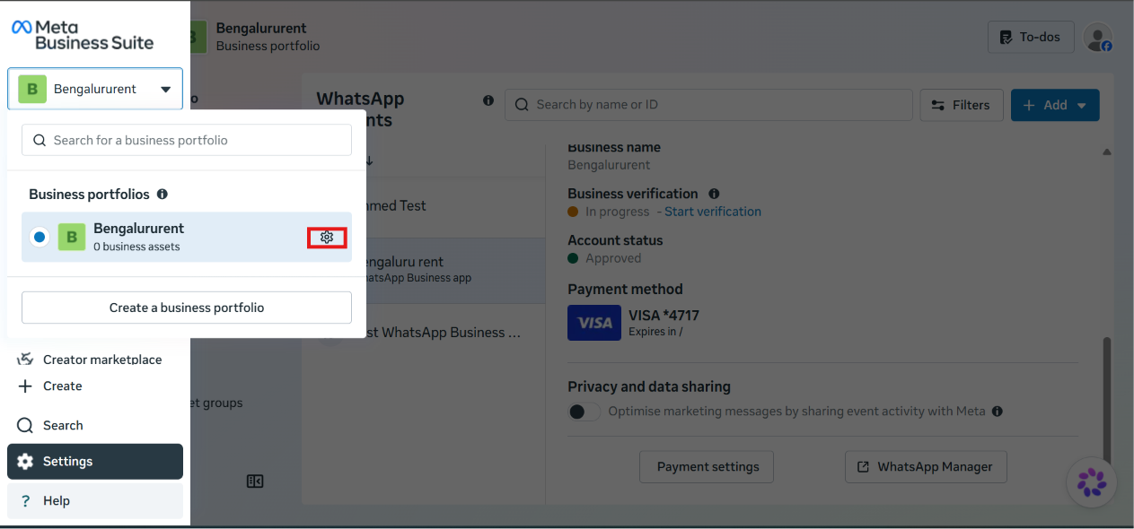 Meta Business Suite business portfolio switcher open, showing the Bengalururent business portfolio with its settings gear icon highlighted
