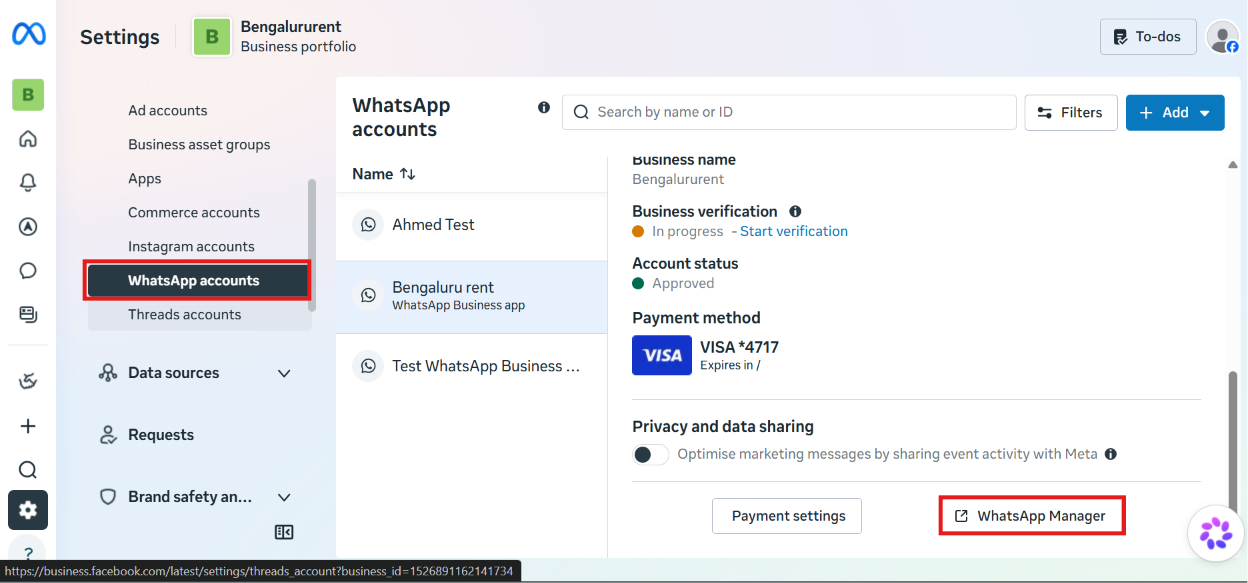 Meta Business Suite Settings, WhatsApp accounts list with one account selected showing its Account status and Payment method, and a highlighted WhatsApp Manager button
