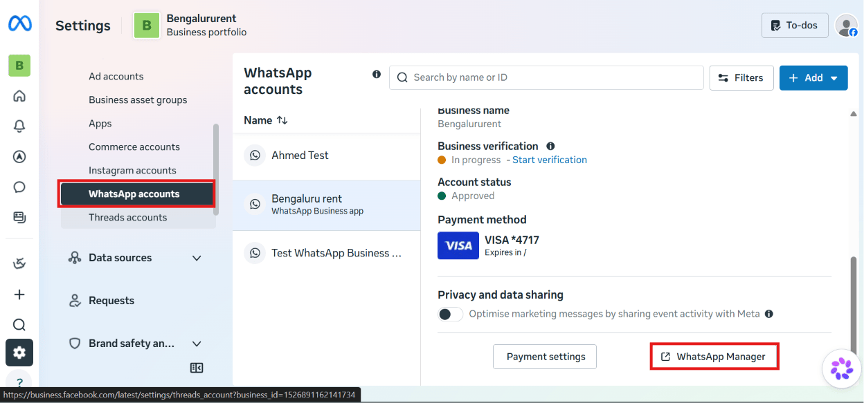 Meta Business Suite Settings, WhatsApp accounts list with one account selected showing its Account status and Payment method, and a highlighted WhatsApp Manager button