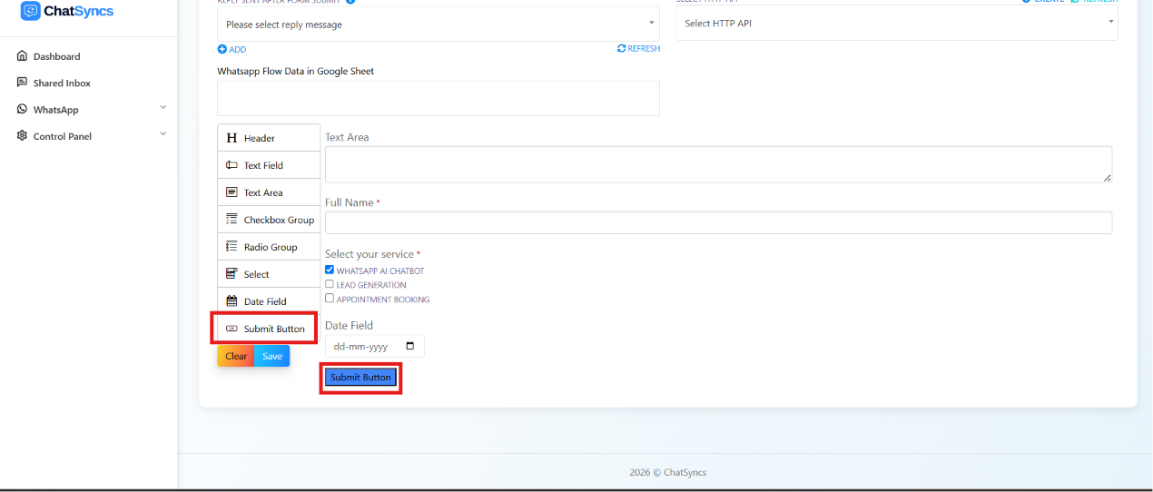 Submit Button component selected in the palette, rendered at the bottom of the form preview below the Date Field