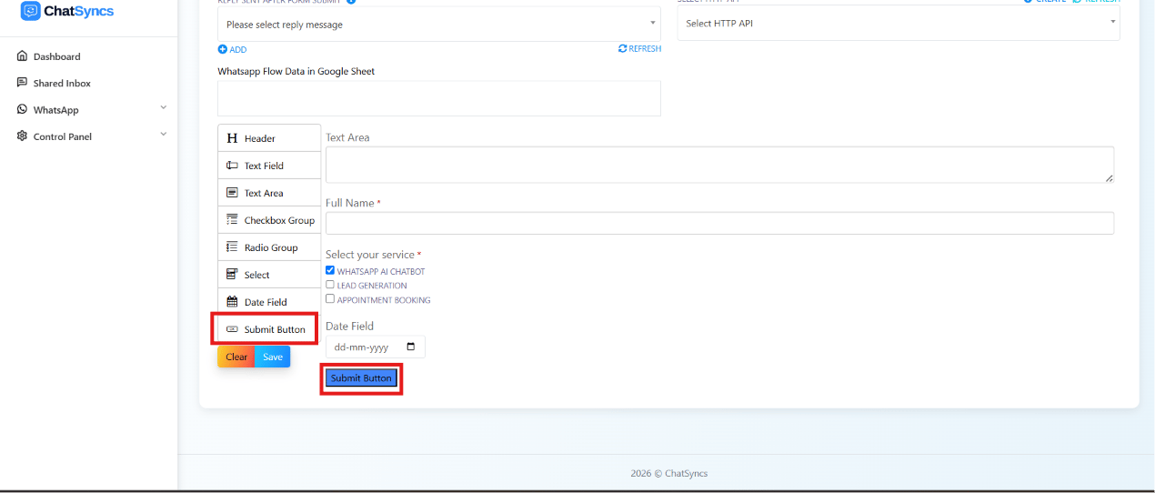 Submit Button component selected in the palette, rendered at the bottom of the form preview below the Date Field