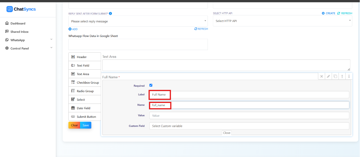 Text Field settings panel with Label set to Full Name and Name set to full_name