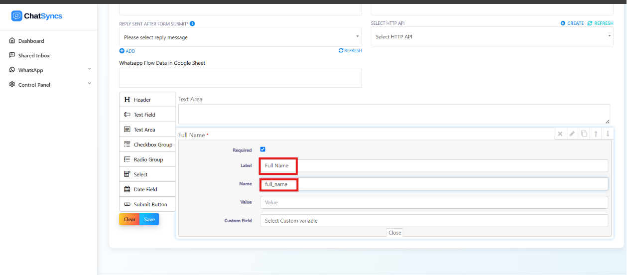 Text Field settings panel with Label set to Full Name and Name set to full_name