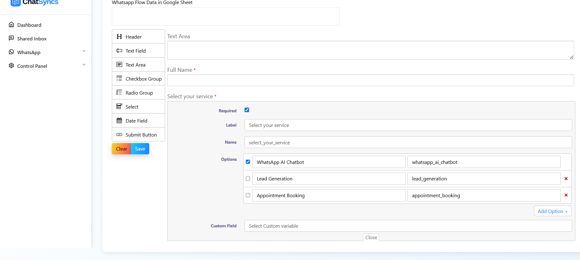 Checkbox Group Options showing Label/Value pairs like WhatsApp AI Chatbot / whatsapp_ai_chatbot