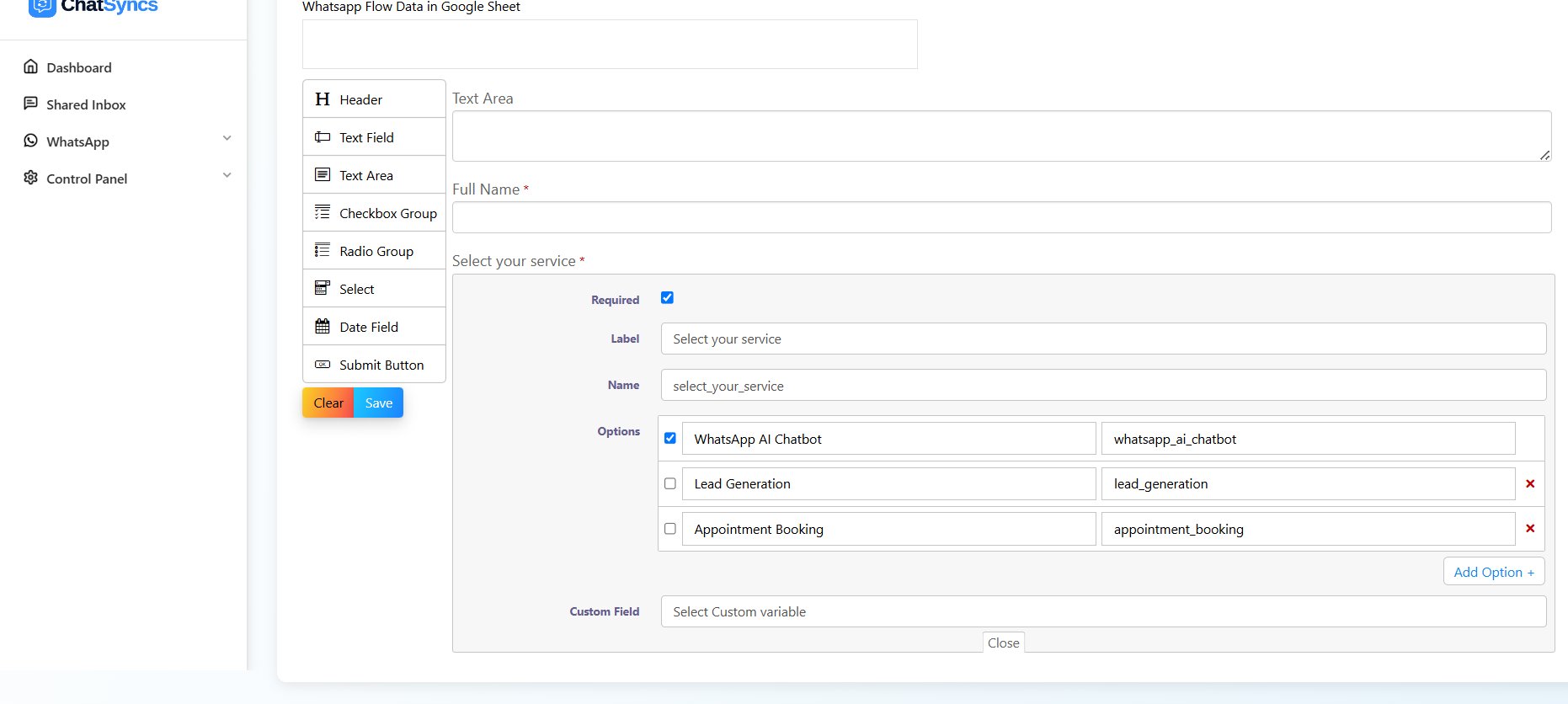 Checkbox Group Options showing Label/Value pairs like WhatsApp AI Chatbot / whatsapp_ai_chatbot