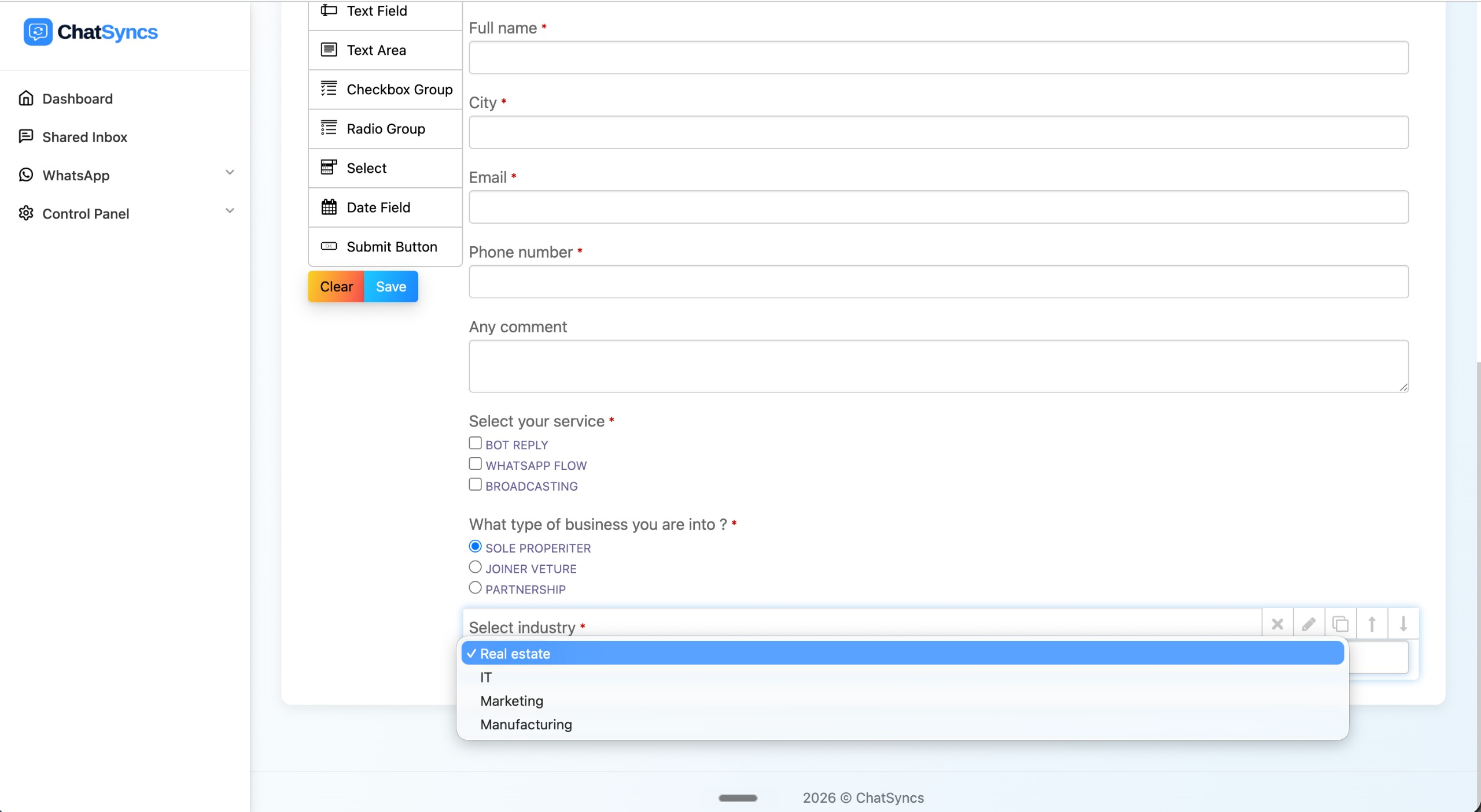 A complete WhatsApp Flow form filled out with Full name, City, Email, Phone number, comments, service checkboxes, business type radio buttons, and an Industry dropdown