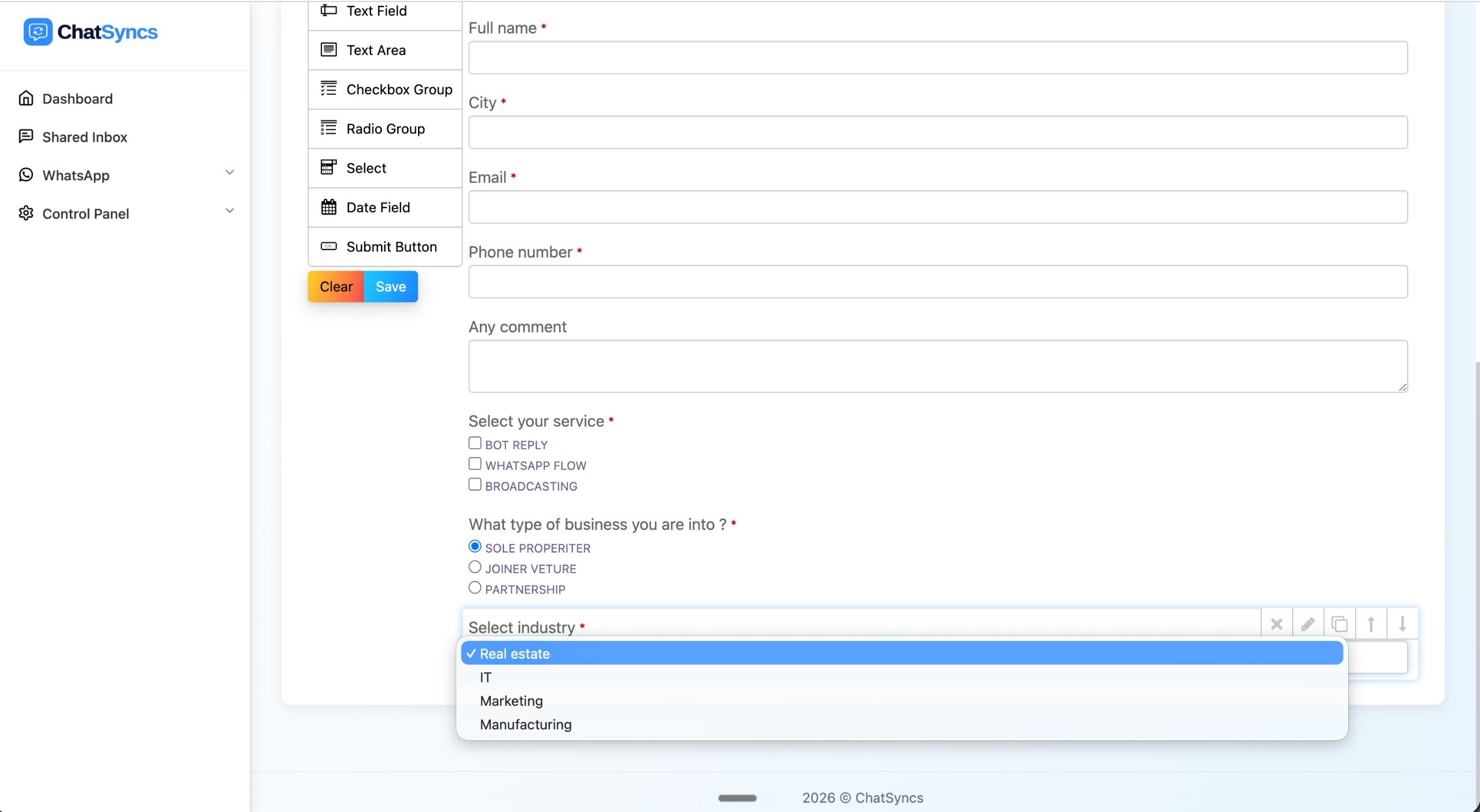A complete WhatsApp Flow form filled out with Full name, City, Email, Phone number, comments, service checkboxes, business type radio buttons, and an Industry dropdown