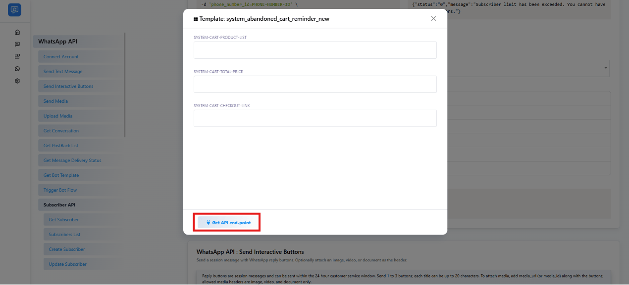 Template variable popup with empty input fields for each template variable