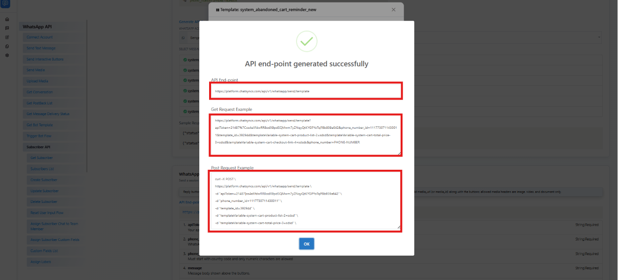 API end-point generated successfully popup showing the filled-in GET and POST request examples