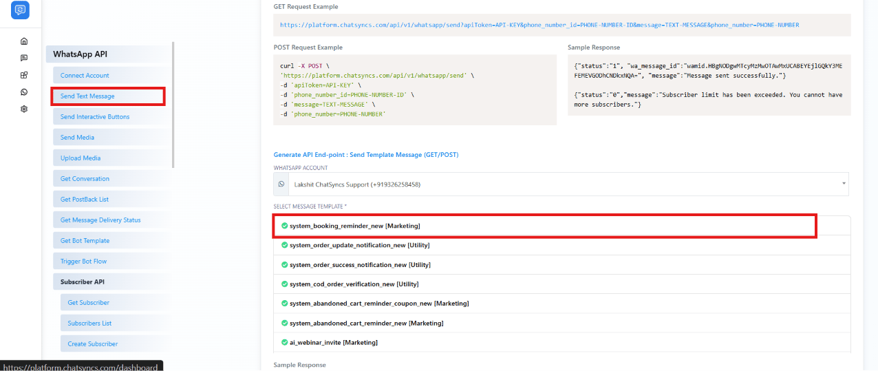 Send Text Message console page scrolled down to the Generate API End-point: Send Template Message section, with the WhatsApp account dropdown and the list of approved templates
