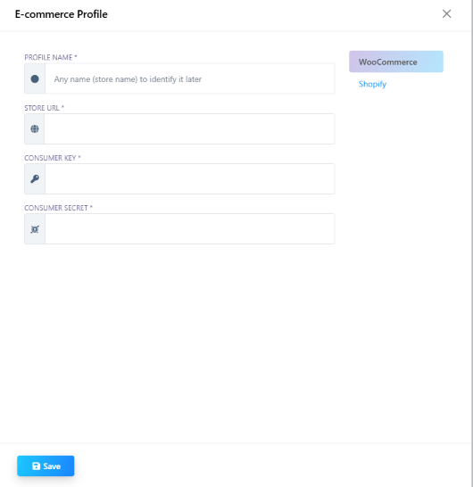 E-commerce Profile modal with Profile Name, Store URL, Consumer Key, Consumer Secret fields and a provider list: WooCommerce, Shopify