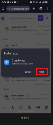 Install app confirmation dialog for ChatSyncs at platform.chatsyncs.com