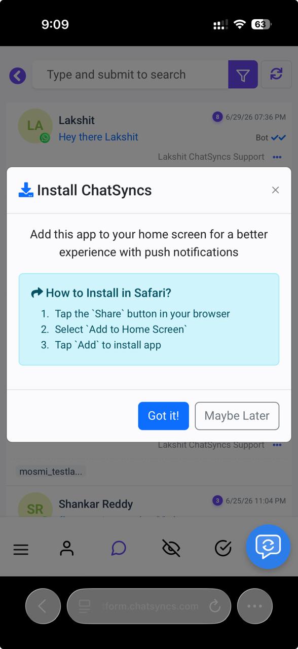 Install ChatSyncs prompt in Safari on iPhone, with instructions: tap the Share button, select Add to Home Screen, tap Add to install app