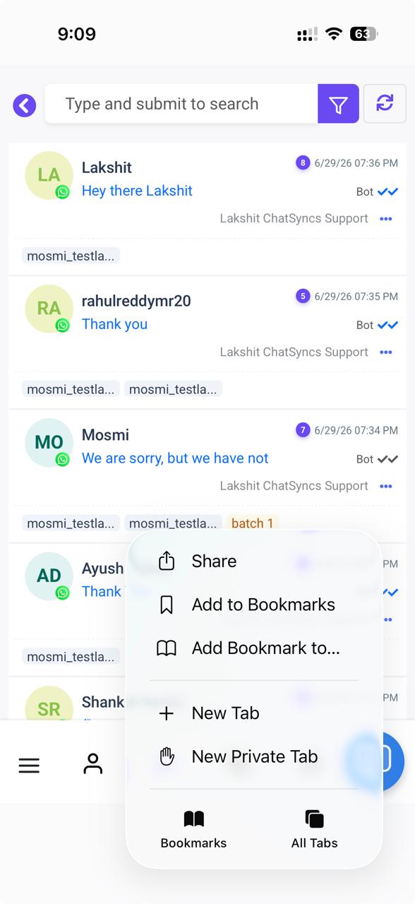 Safari menu on iPhone with Share as the first option, above Add to Bookmarks and New Tab