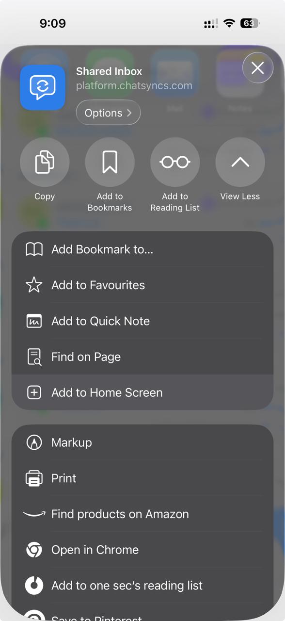 Safari share sheet on iPhone with Add to Home Screen option visible in the expanded list