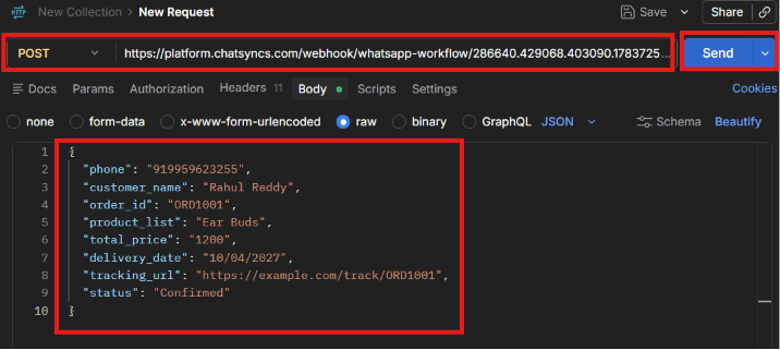 Postman POST request to a ChatSyncs webhook workflow URL with a JSON body containing phone, customer_name, order_id, product_list, total_price, delivery_date, tracking_url, and status fields