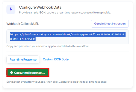Configure Webhook Data panel with the Capture Webhook Response button showing a Capturing Response... state