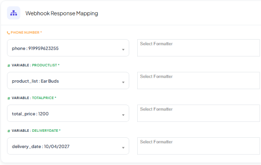 Webhook Response Mapping screen with Phone Number, Variable: PRODUCTLIST, Variable: TOTALPRICE, and Variable: DELIVERYDATE, each mapped to a detected field with a Select Formatter option