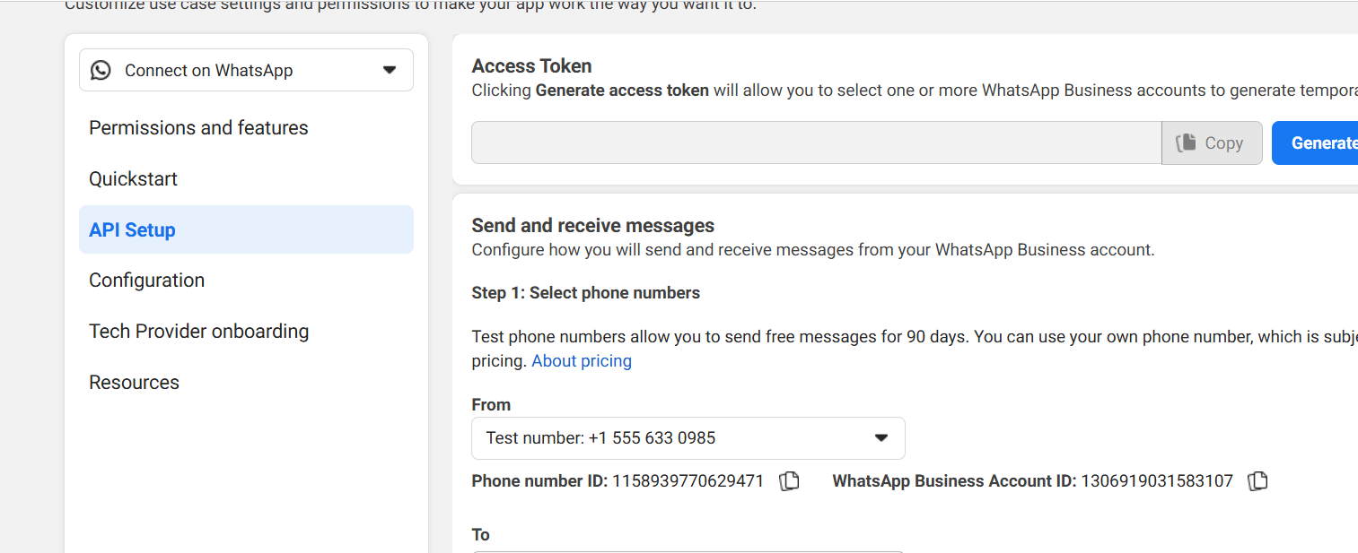 Meta developer dashboard, API Setup screen, showing the Phone Number ID and WhatsApp Business Account ID fields side by side
