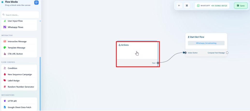Broadcast canvas with Start Bot Flow connected to an empty Actions block, the Actions block highlighted and being clicked