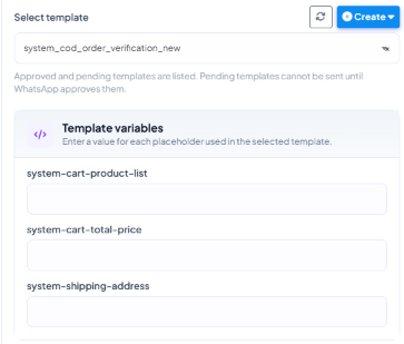 Select Template showing system_cod_order_verification_new chosen, with a Template variables section listing fields for each placeholder used in the template