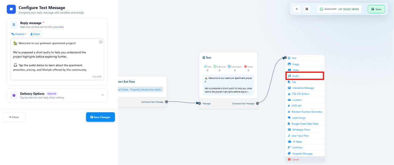 Keyword Replies flow titled Real Estate - Property Introduction Audio, with a welcome Text message connected to an Audio block being selected from the flow blocks panel